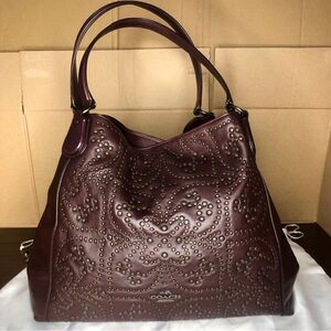 COACH Oxblood Edie Studded Soft Leather Triple Section Turn Lock Shoulder Bag